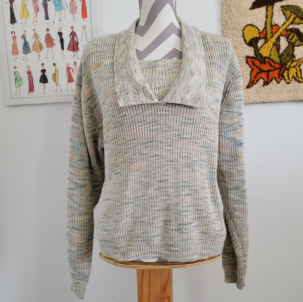 Beeline Fashions | 80s Vintage Knit Mixed Neutral Layered Neckline Sweater